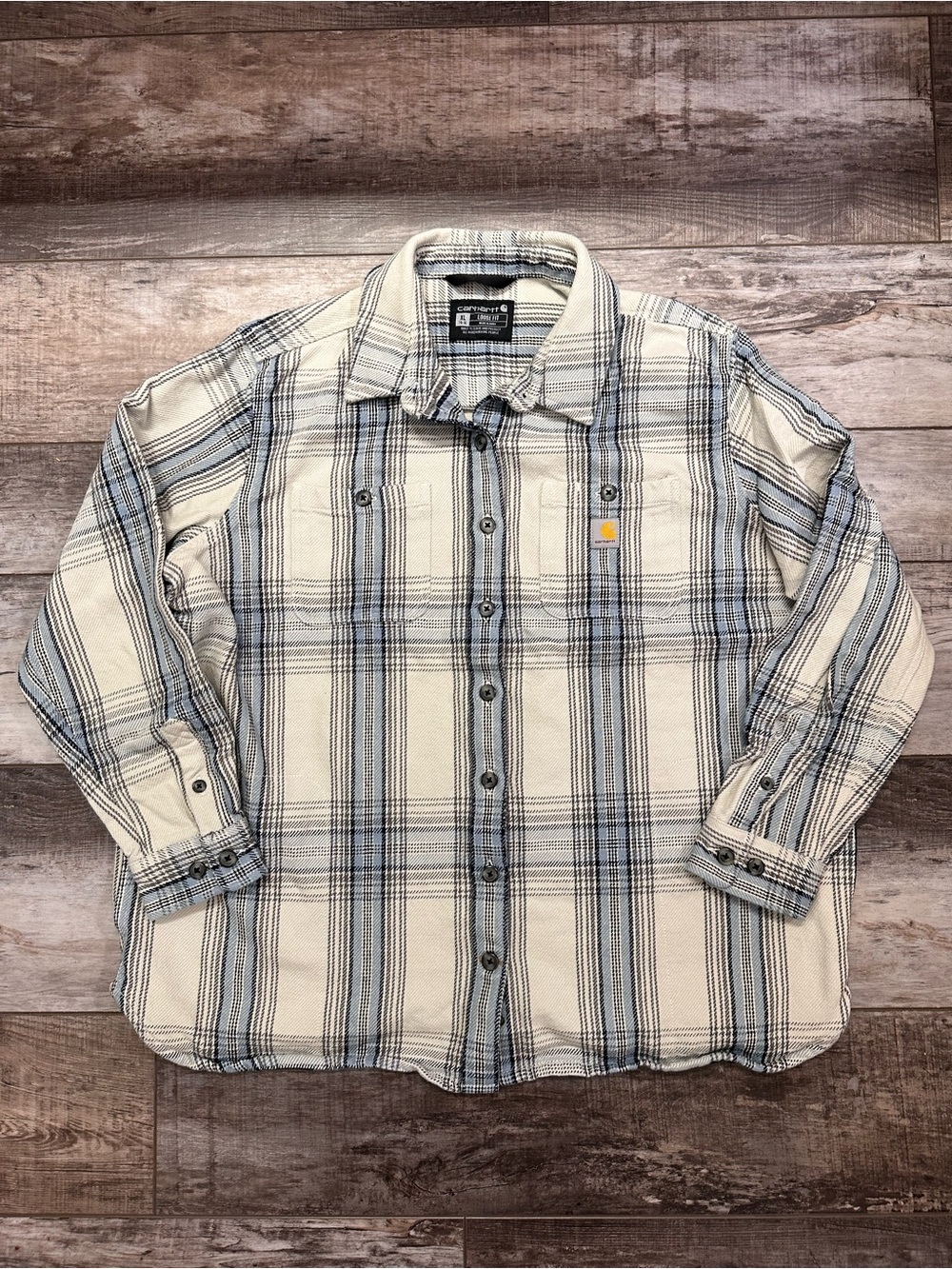 Carhartt Cream and Light Blue Plaid Button-Down Work Shirt